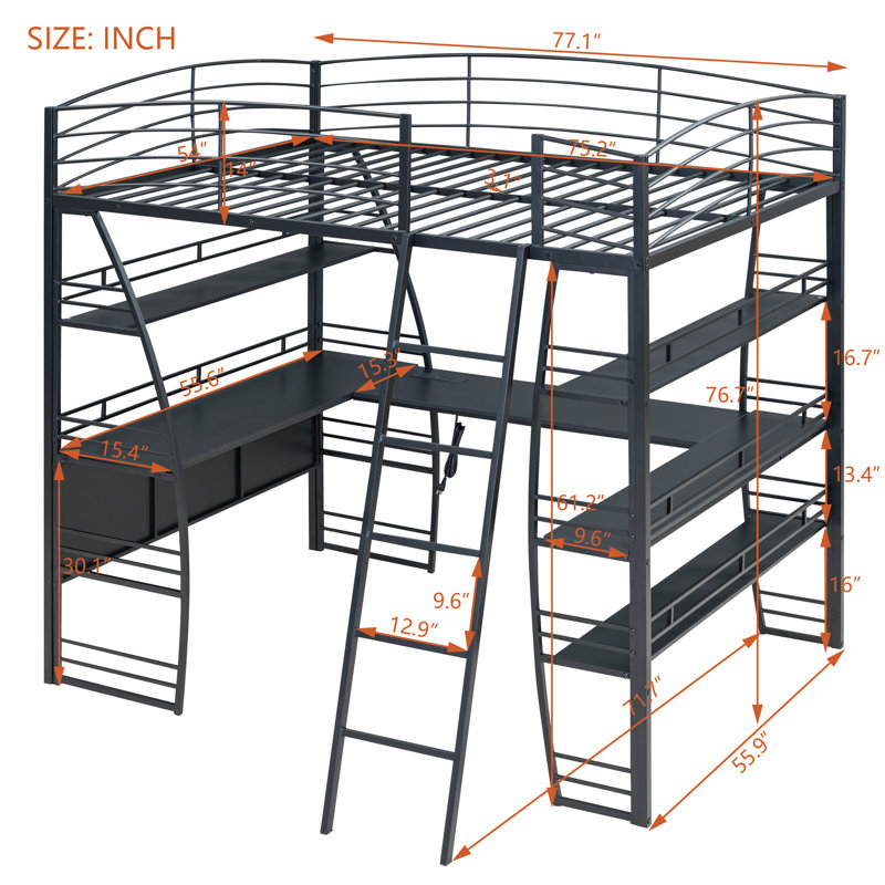 Ardelia Loft Bed with Desk, Bookcase and Charging Station, Black, Full