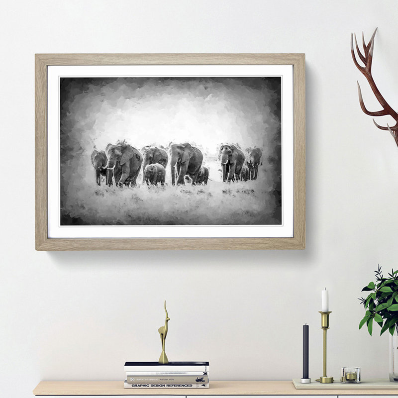 Herd of Elephants Roaming in Abstract - Picture Frame Painting Print on MDF, Oak Framed, 62cm H x 87cm W x 2cm D