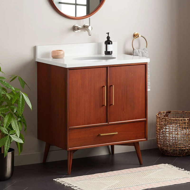 30" Novak Single Bathroom Vanity Set with Oval Undermount Sink, Natural Teak, 8" Widespread, Arctic White Quartz