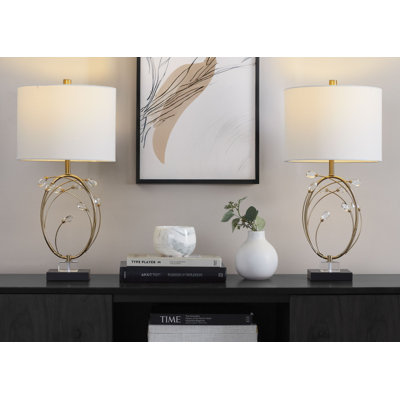 Lampe de table 25 po Contemporary Glam, métal noir avec cristaux de verre, métal doré et abat-jour en lin blanc cassé, ensemble de 2