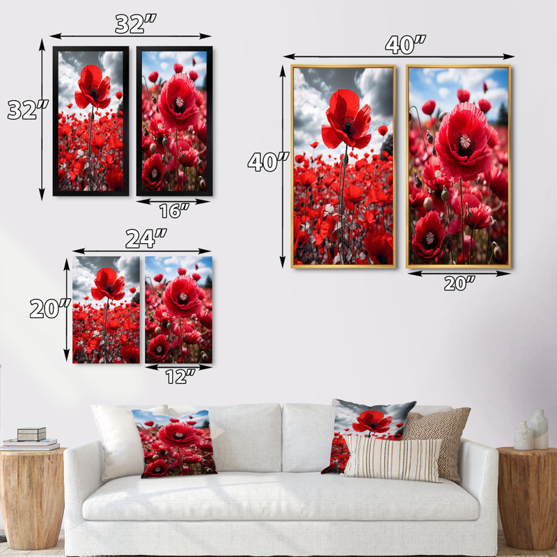 Symphonie écarlate «Flower Field» - 2 pièces, H 32 po x l 32 po, Cadre blanc