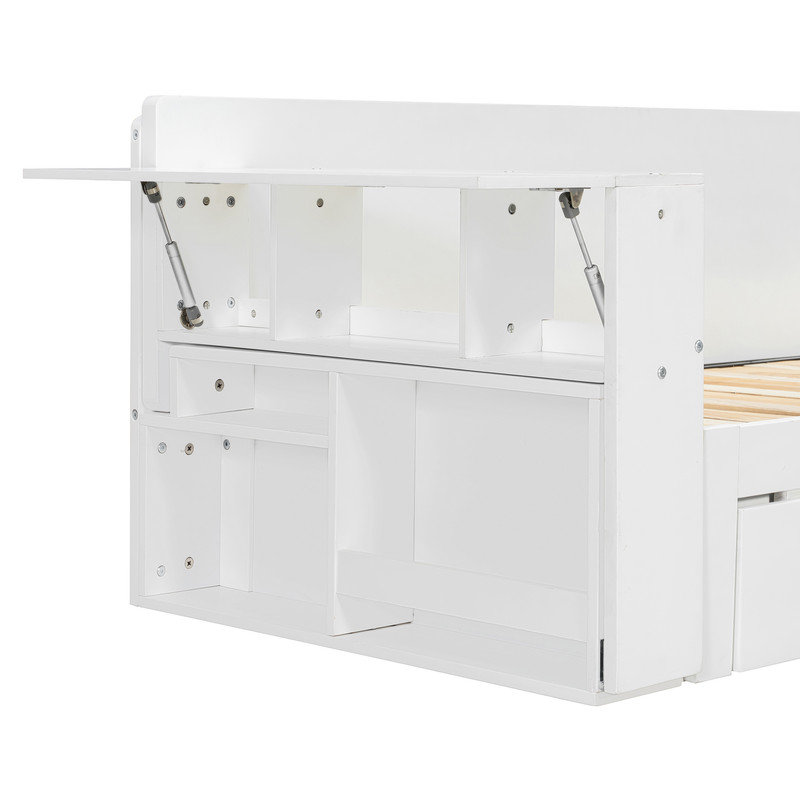 Grand lit de jour avec bureau amovible, tiroirs de rangement et table d'appoint hydraulique, blanc, Grand lit, Blanc