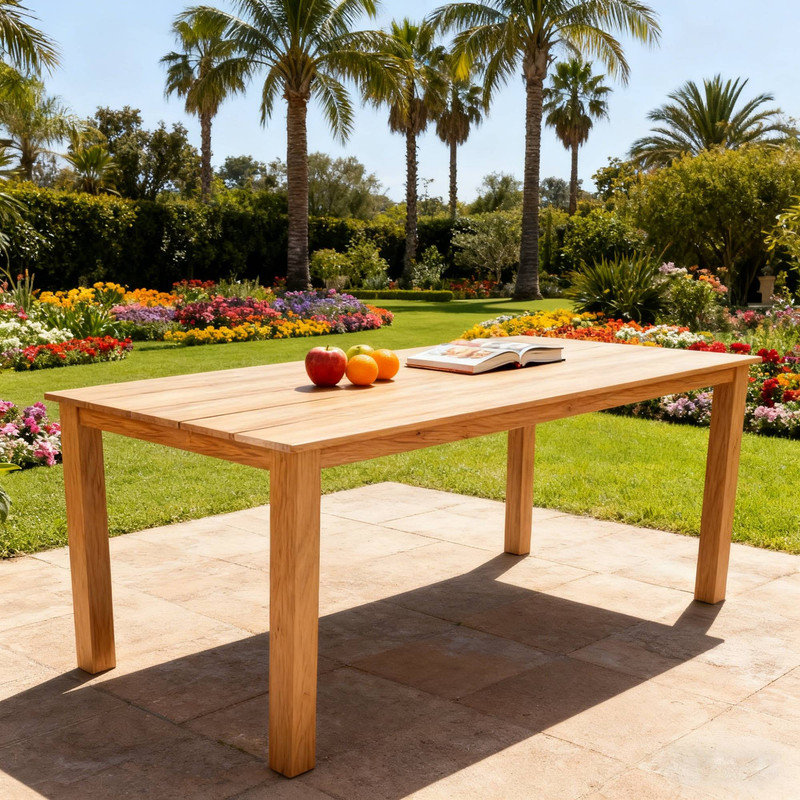 Table de salle à manger rectangulaire pour l'extérieur avec trou pour parasol intégré, matériau en bois de style HISP de couleur chêne naturel, table de patio minimaliste pour la cour et le balcon