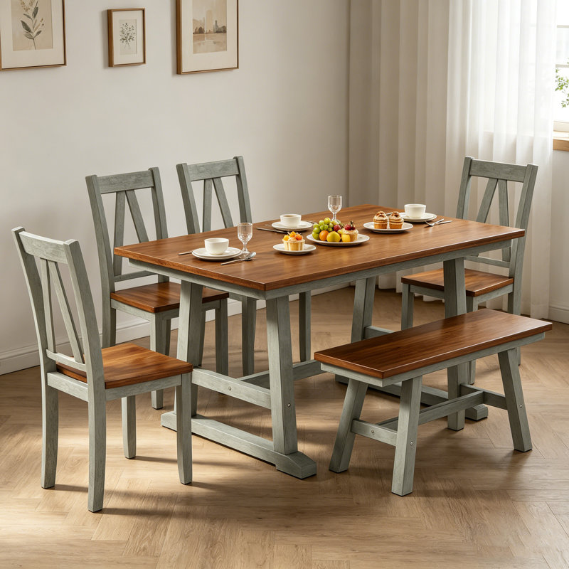 Ensemble de table de salle à manger en bois 6 pièces avec long banc et 4 chaises Farmhouse, Gris