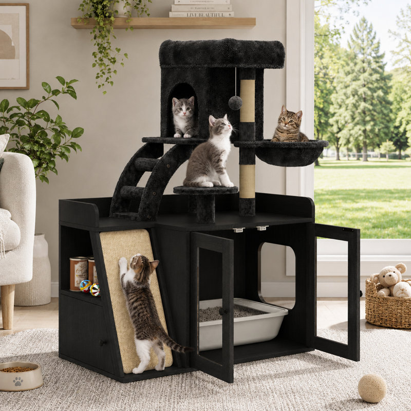 Litière pour chat contemporaine avec arbre à chat à plusieurs niveaux, condo, plateforme et rangement latéral pour le salon