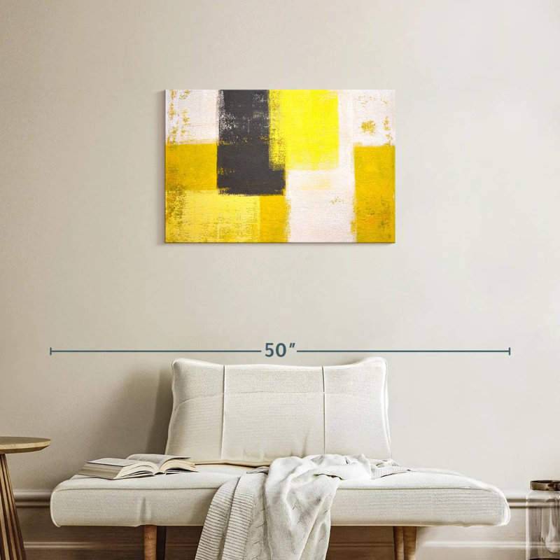 Avery jaune et gris abstrait, H 20 po x l 30 po