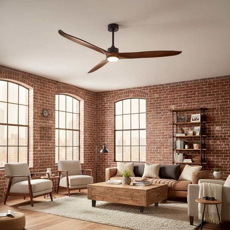 Ventilateur de plafond à 72 pales en bois massif 72 po avec lumière DEL et télécommande, Bois brun foncé