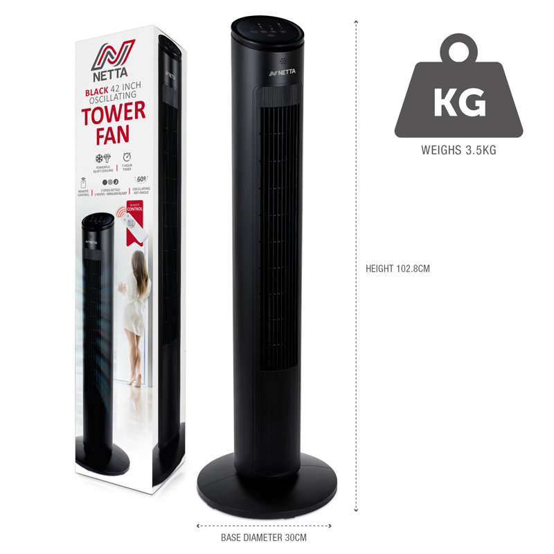 NETTA 42″ Tower Fan with Remote Control, 3 Speeds, 3 Wind Modes, Oscillation & Timer, Black