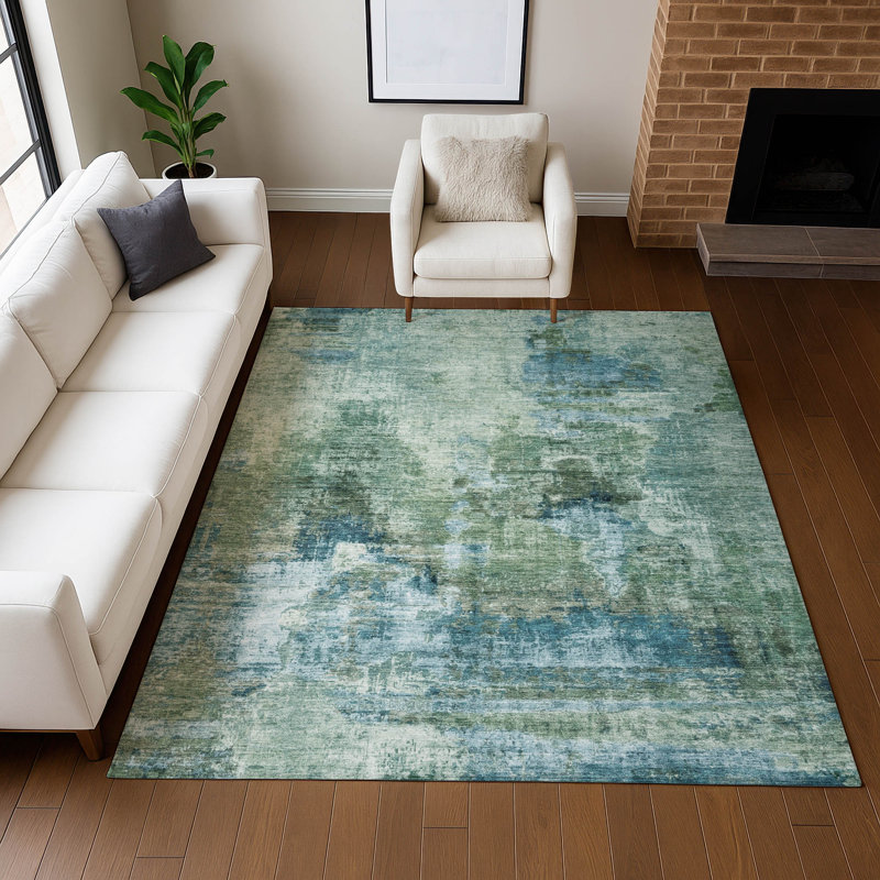 Premium Machine Washable Mayfield AMF2300 Abstract Rug, Teal, 10' x 14'