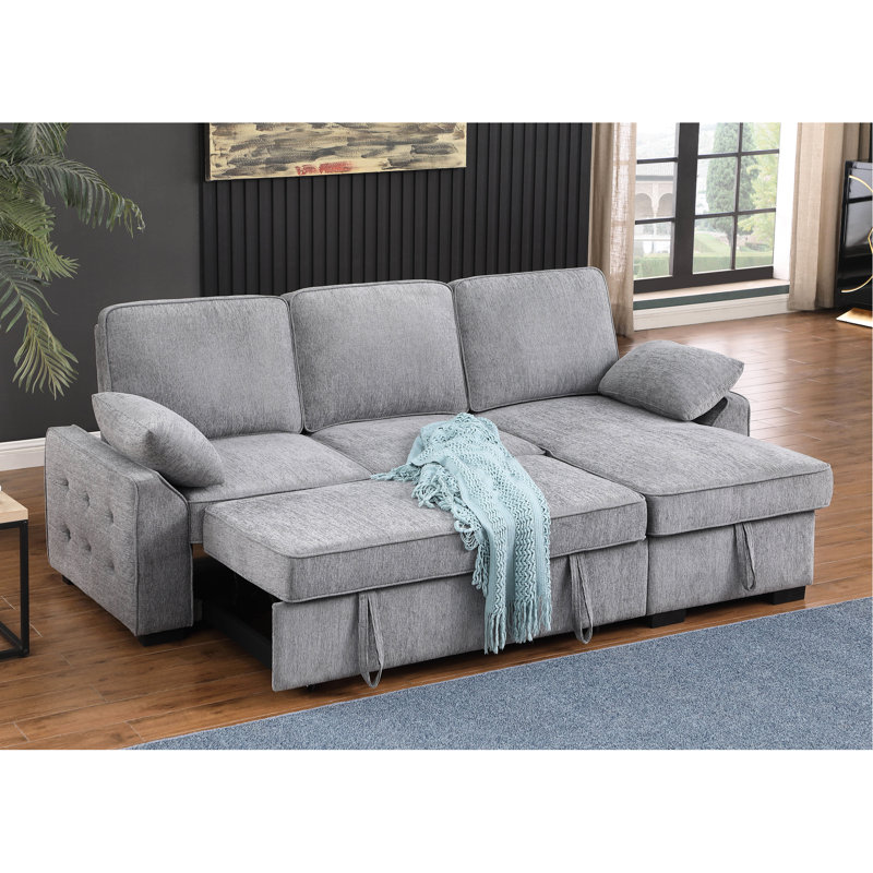 Canapé-lit modulaire réversible en chenille grise de 91 po avec méridienne de rangement, table rabattable, porte-gobelets et ports de recharge en C, hauteur de dossier de 19 po, console de pieds en plastique noir de 2 po avec porte-gobelets de 77 po