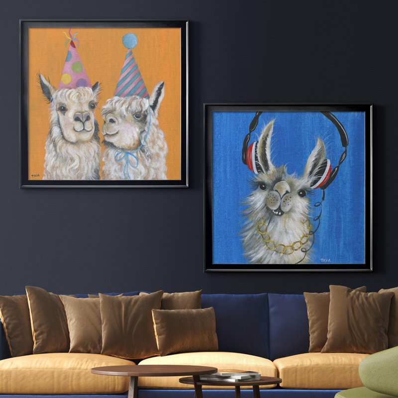 Llama Party - ensemble de 2 reproductions d'art graphique, H 17,5 po x l 35 po x P 1,5 po, Toile encadrée noire, Pas de tapis