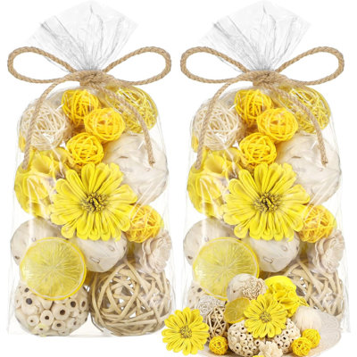 Paquet de 2 boules décoratives en rotin jaune citron, vase d'été et remplisseur bol pour centre de table