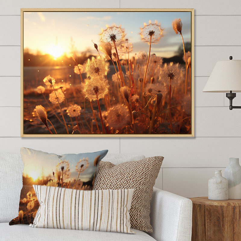 Coucher de soleil pissenlit champ II - art mural floral salon, H 16 po x l 32 po x P 1 po, Cadre naturel flottant