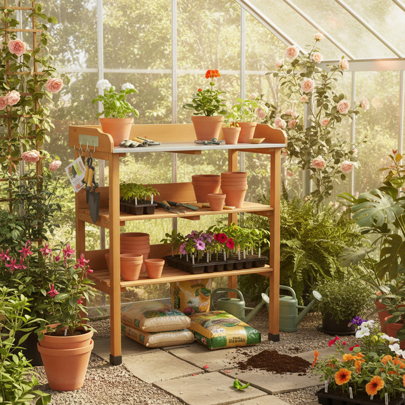 Table de travail de garage 30 pouces avec plateau en métal et 3 tablettes à 3 niveaux, Naturel