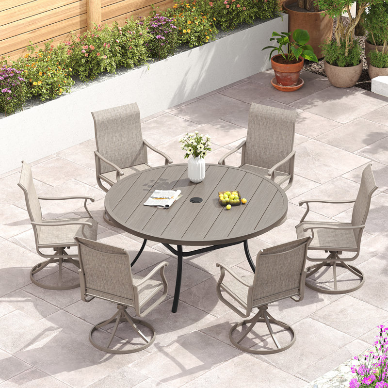 Nectaria Round 6 - Person Outdoor Patio Dining Set with 6 Swivel PVC-coated polyester Chairs, Brush Wood Gray/Sandshell