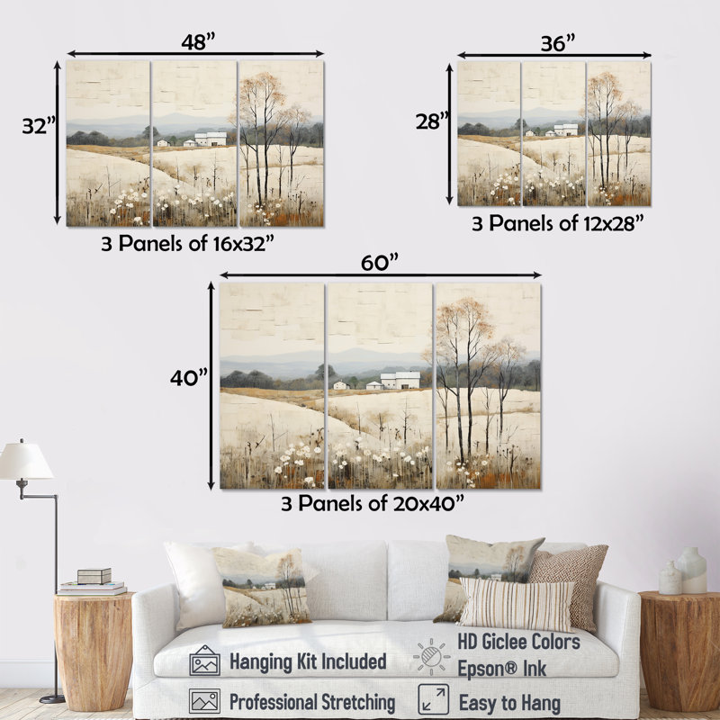 «Bold Mute Tone Countryside Landscape I», ensemble d'art sur toile, Toile tendue, H 28 po x l 36 po x P 1 po