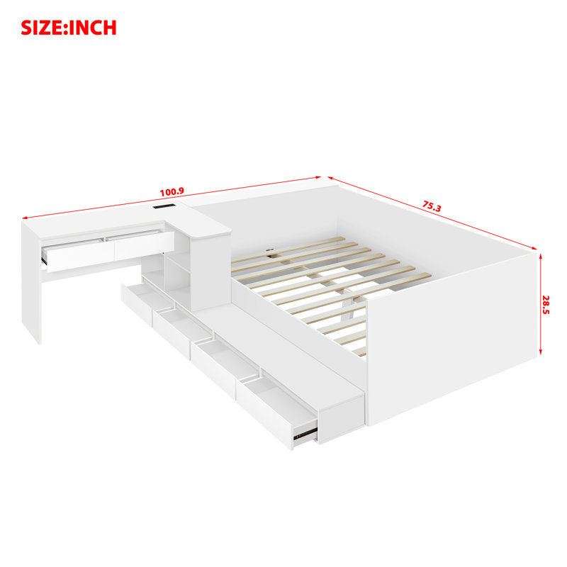 Lit plateforme double en bois avec 6 tiroirs, tablettes et coiffeuse, blanc, Blanc