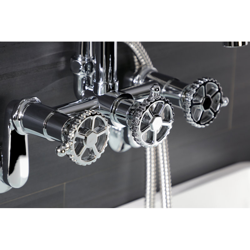 Kingston Brass Fuller Three-Handle 2-Hole Wall Mount Clawfoot Tub Faucet with Hand Shower, Silver