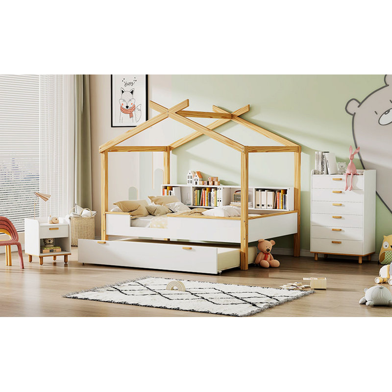 Ensemble de chambre à coucher à baldaquin 3 pièces avec lit gigogne + table de chevet + commode 6 tiroirs Trien