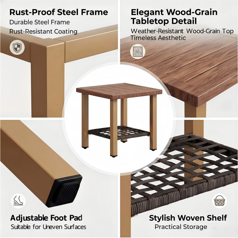 Melvarn Outdoor Patio Steel 16.9" Square Side Table End Table With Wood-look Grain Top