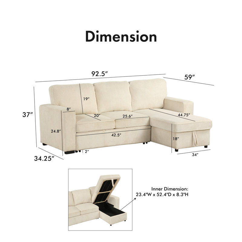 Maslynn 3-Piece Reversible Corduroy Pull-Out Sleeper Sectional with Storage , Beige Corduroy