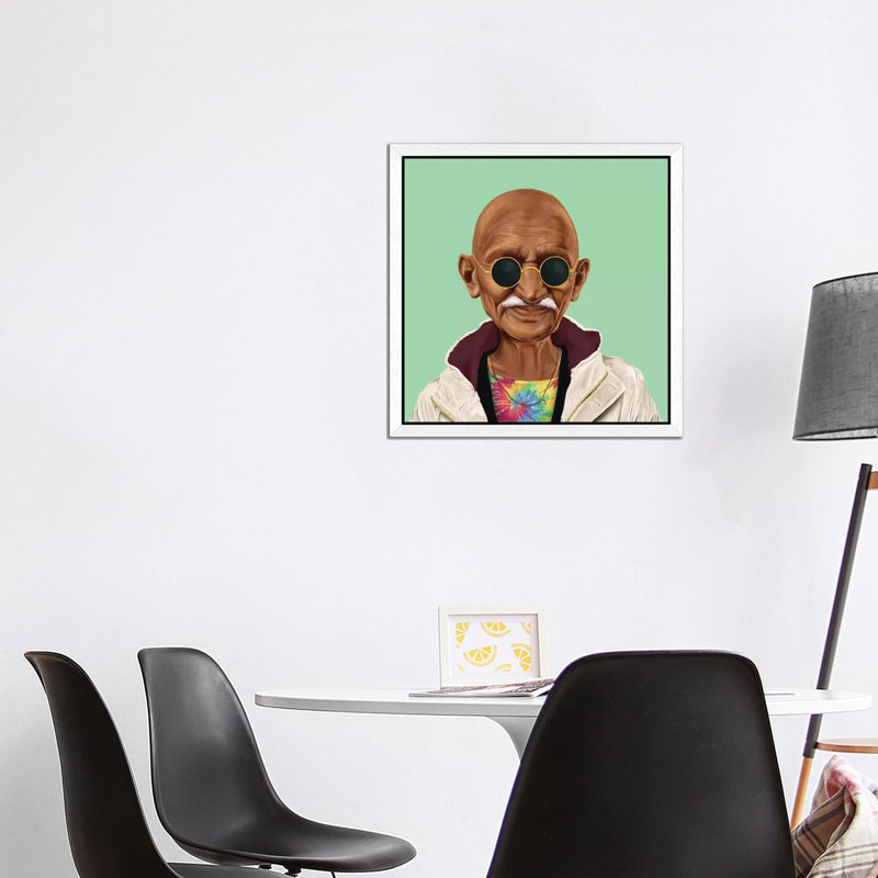 Mahatma Gandhi by Amit Shimoni - Floater Frame Print on Canvas, 45.72 cm H x 45.72 cm W, White Framed