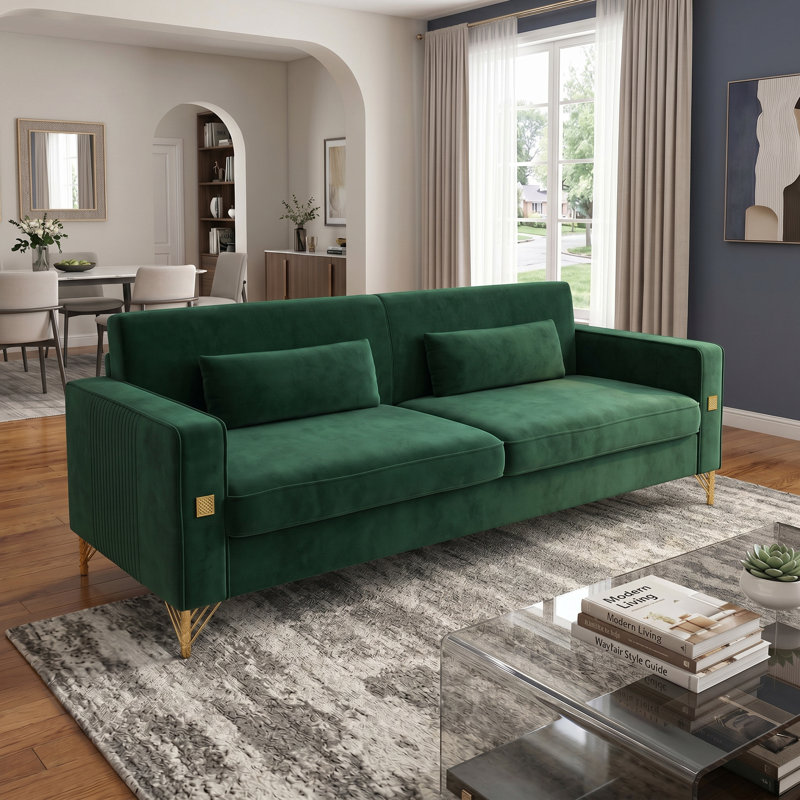 Canapé droit 85,63 po, Retro Green Velvet
