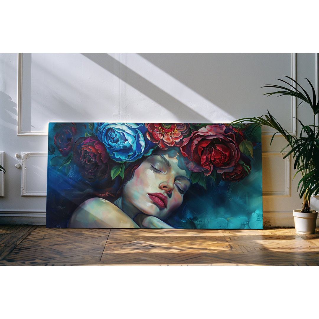 Wandbild 120x60cm Porträt einer jungen Frau Blume rote Blüten Kunstwerk