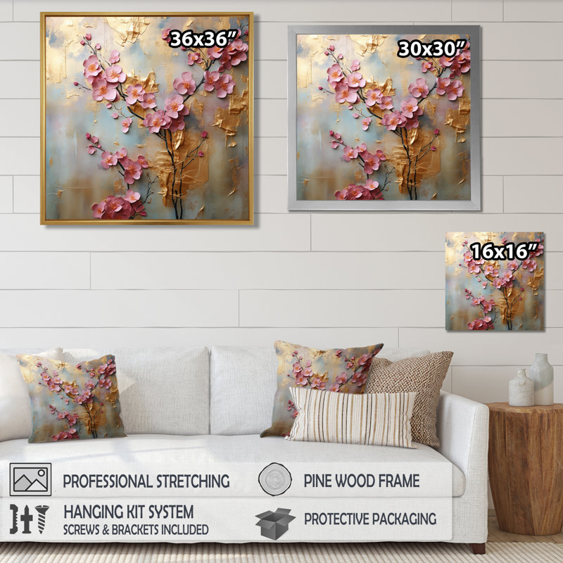 Orchidées roses sur or rétro - décoration murale orchidée, H 30 po x l 30 po x P 1 po, Toile avec cadre flottant noir