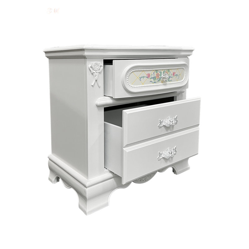 Table de chevet à 2 tiroirs avec motifs floraux, mécanismes de glissement en douceur et construction en queue d'aronde durable pour un rangement élégant
