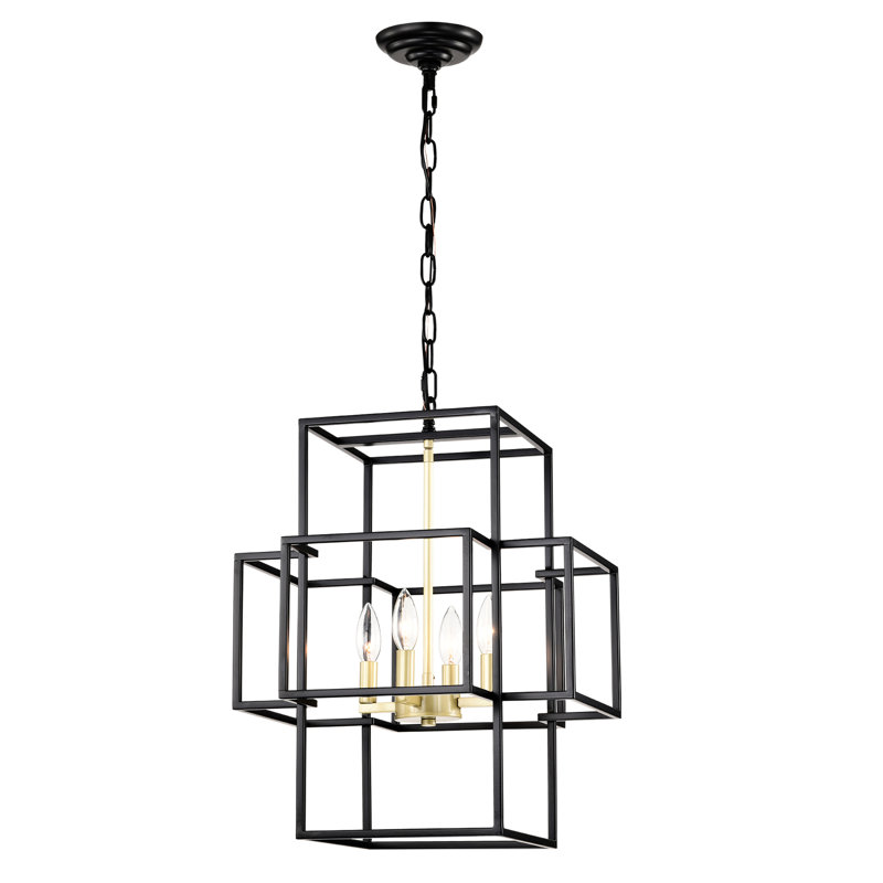 Suspension de 4 lanternes noir mat et or, luxueuse pour cuisine, salon, hall d'entrée, couloir avec plafond réglable en hauteur, bureau.