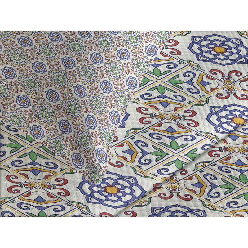 Ambesonne Geometric Bedspread Set  Portuguese Plant Design  Multicolor, Queen Coverlet / Bedspread + 2 Standard Shams