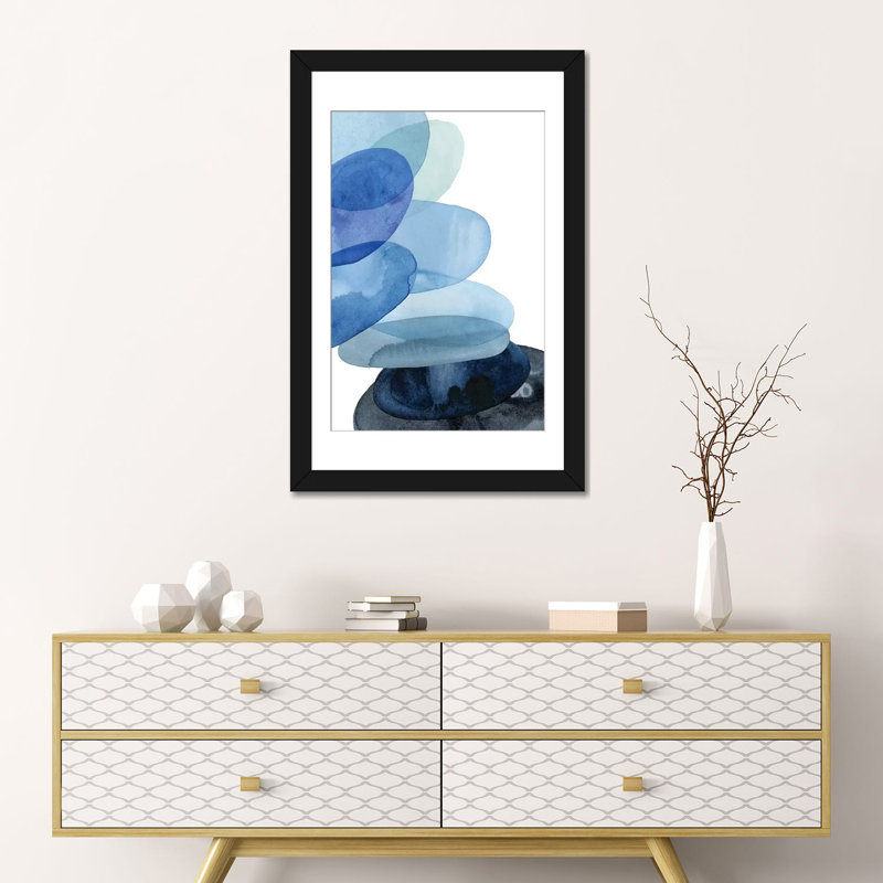 «River Worn Pebbles II», impression sur toile, H 24 po x l 16 po x P 1 po, Papier beaux-arts encadré noir, Blanc