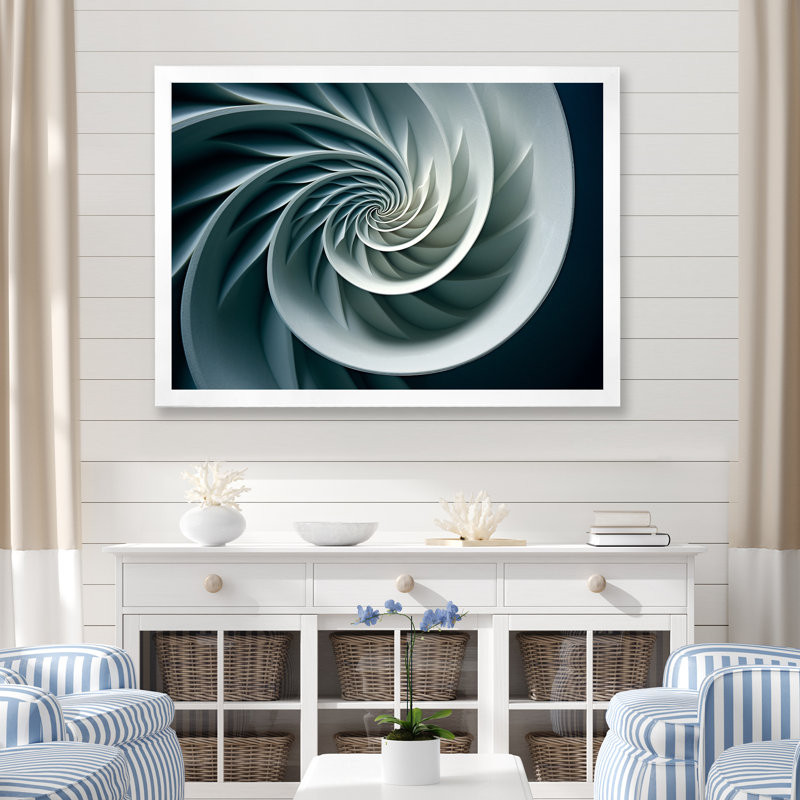 Turquoise coquille spirale de poisson sur toile, H 34 po x l 44 po x P 1,5 po, Cadre simple blanc
