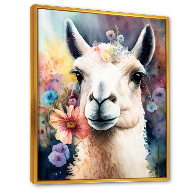 Portrait d'un lama avec des eurs, H 40 po x l 30 po x P 1,5 po, Cadre flottant doré