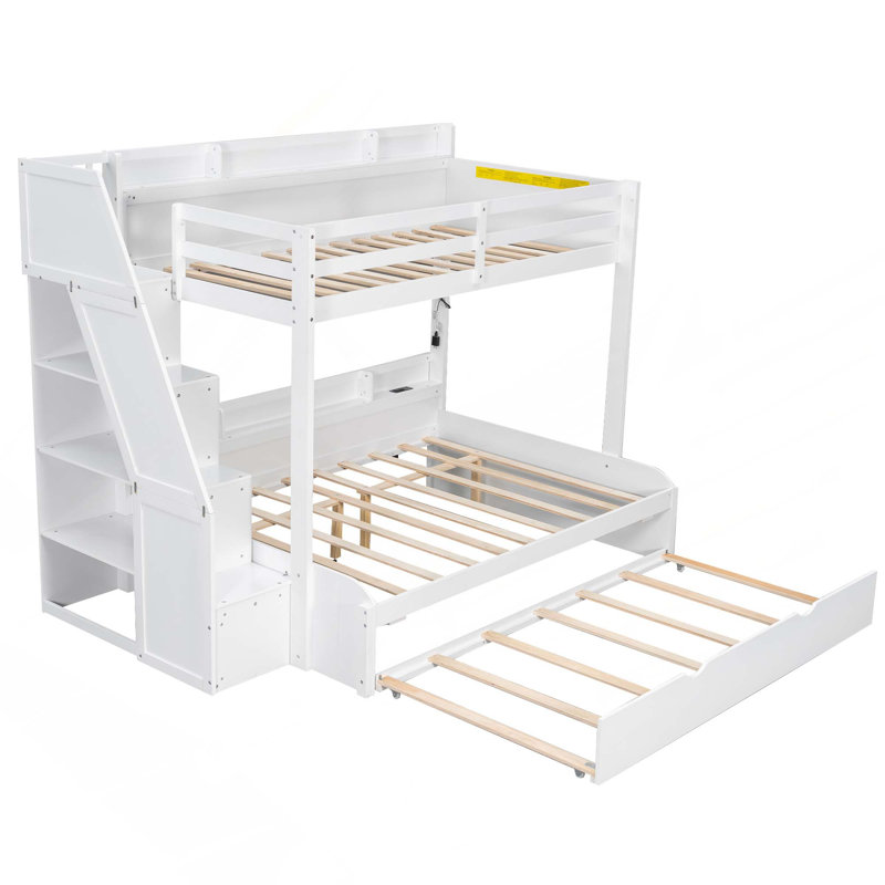 Lit simple superposé au dessus d'un lit double avec escalier de rangement, lit gigogne, tablettes de rangement, DEL et USB