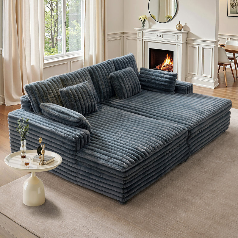94" Wide Double Chaise Lounge with Faux Fur Upholstery and Lumbar Pillows, Gray
