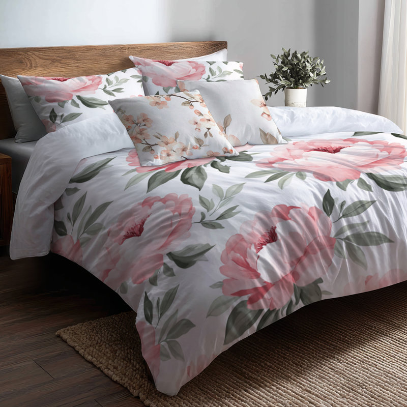 Ensemble de literie à motif floral 5 pièces - Housse de couette et coussin décoratif