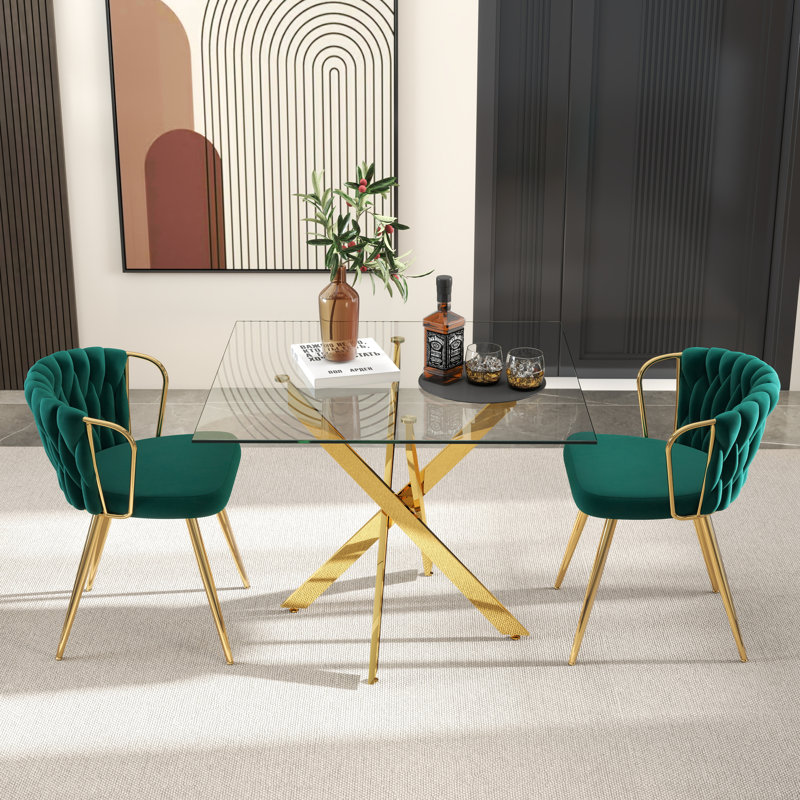 36in Square Glass Pedestal Dining Set, 3 Pieces: Table, 2 Chairs, Gray, Gold