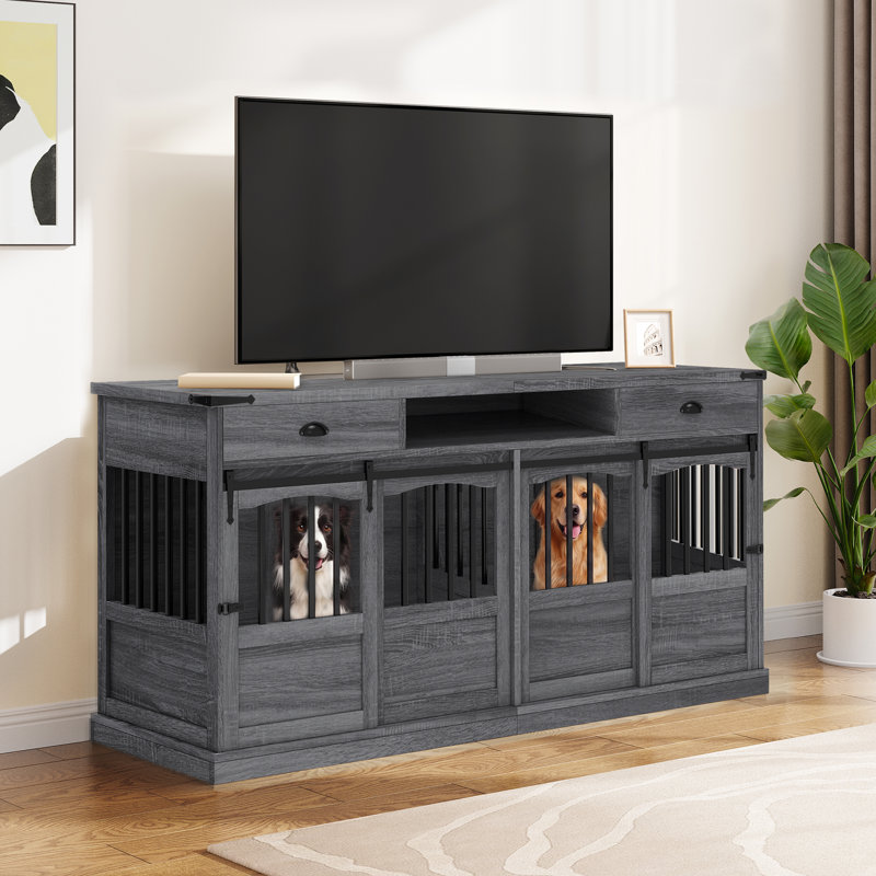 Meuble télé avec cage double pour chien de 183 cm (72 pouces) et rangement, style ferme, pour chien., Gris