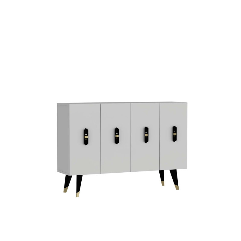 Console moderne avec option de fixation murale, blanche et noire avec accents dorés, panneau de particules enduit de mélamine à 100%, épaisseur de 0,71 pouce | Plusieurs tablettes pour un rangement et une présentation élégants