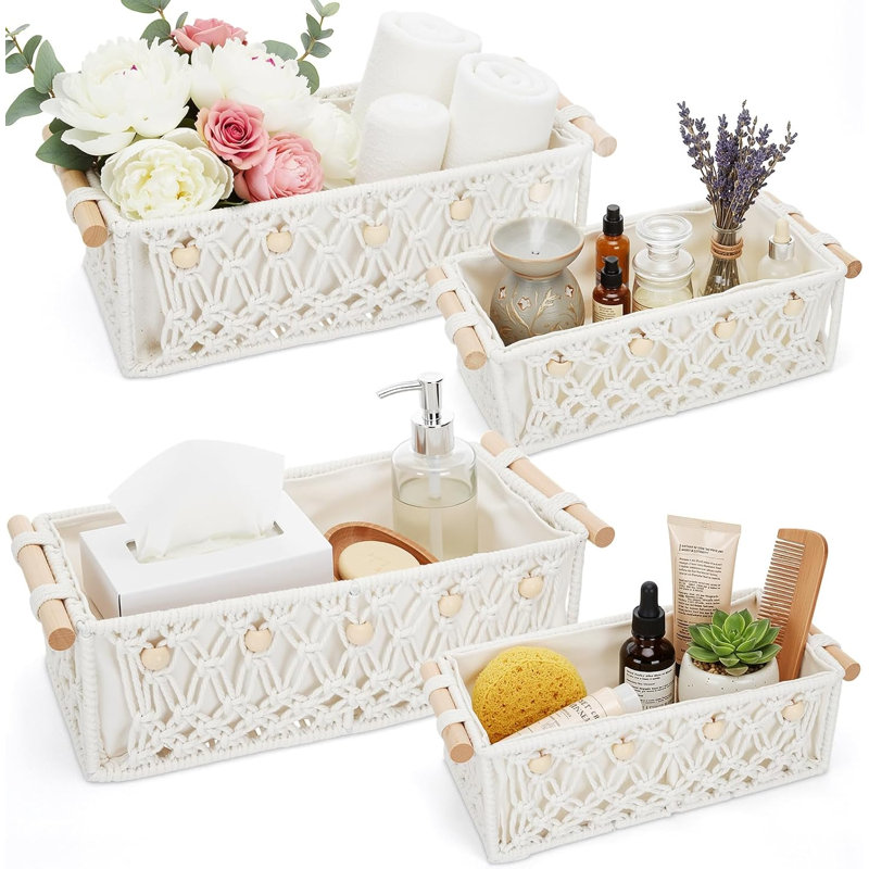 4 paniers de rangement en macramé blanc avec poignée en bois 4 pièces