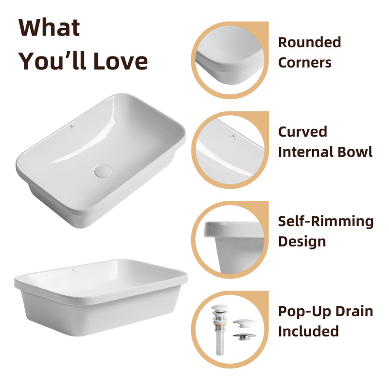 Los Flexi Semi Recessed Vessel Sink, Rectangular Ceramic Drop In Bathroom Sink with Pop-up Drain, 24" L x 15" W, White