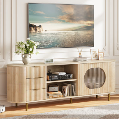 69-inch Curved Tv Stand With Wavy Acrylic Doors & Large Storage, Modern Media Console For Tvs Up To 80 Inches, Wood Tv Entertainment Center For Bedroom, Living Room