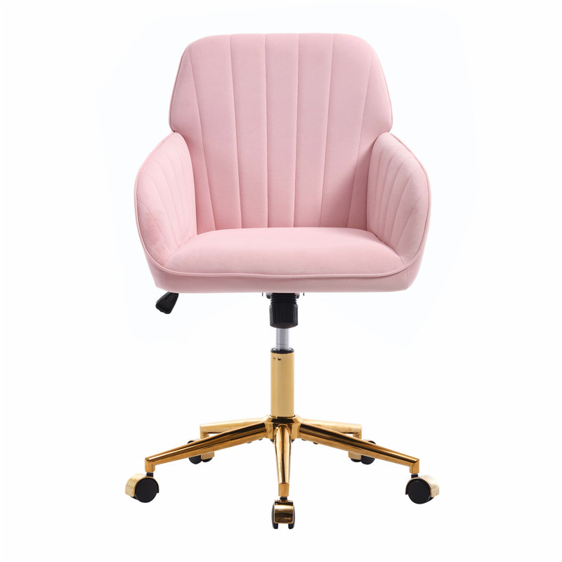 Adjustable Office Chair, Home Bedroom, Ergonomic Swivel Chair, Backrest Seat, Comfortable for Long Sitting, Baby Pink, Gold