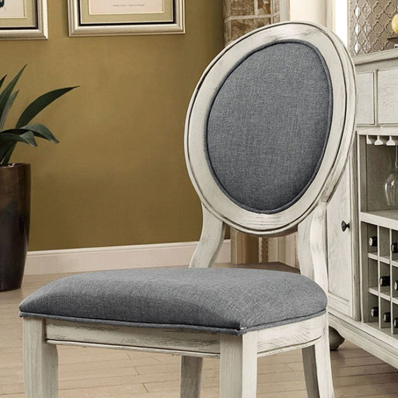 2 chaises de salle à manger en tissu avec coussins de siège, blanc antique, dossier ovale de chaises rembourrées, finition blanche, dossier