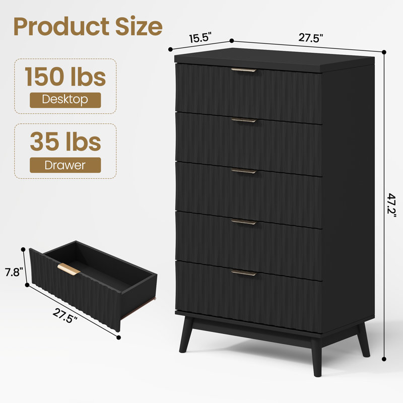27.5" W 5-Drawer Dresser For Bedroom, 47.2” H Fluted Design Wood Tall Chest Of Drawers （Set Of 2), Black