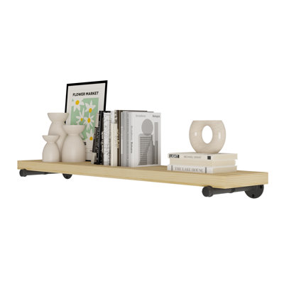 Tablette industrielle 48 "x 9,25", tablette en bois véritable de 1,5 po d'épaisseur, tablette flottante pour rangement mural, tablette suspendue pour le décor du salon, tablette de ferme avec support de tablette en tuyau, naturel, 1 pièce