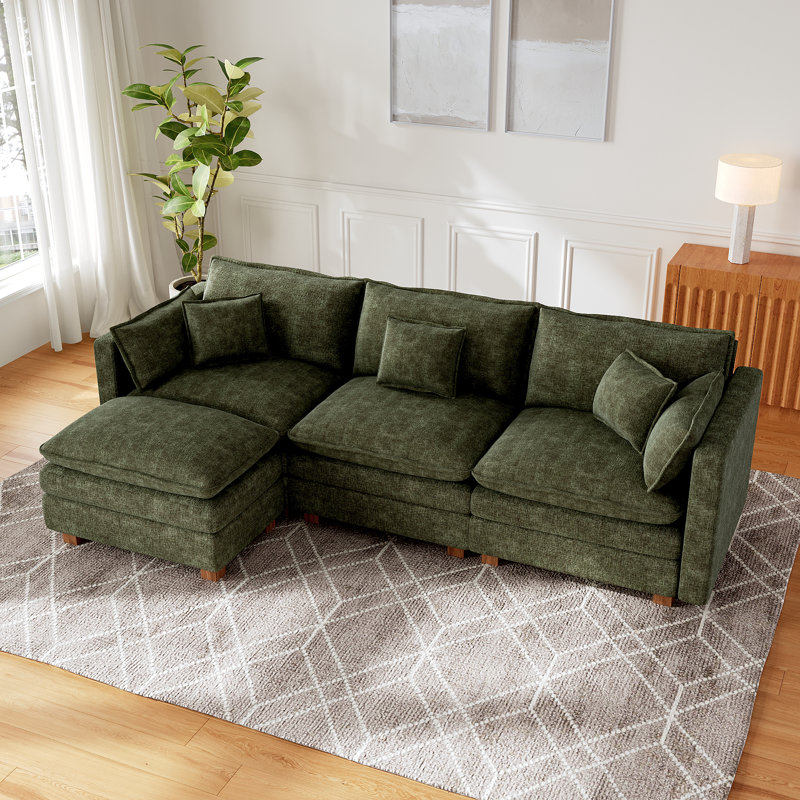 Canapé modulaire 112,2 "en chenille avec repose-pieds, canapé modulaire en forme de nuage avec pieds en bois, Vert