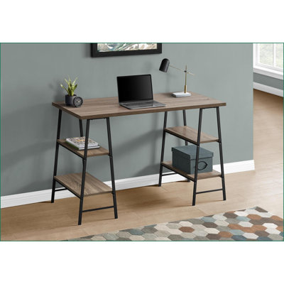Bureaux avec tablettes de rangement, bureau d'ordinateur industriel de 48 po, plateau stratifié taupe foncé, pieds en métal noir | Taupe | Métal
